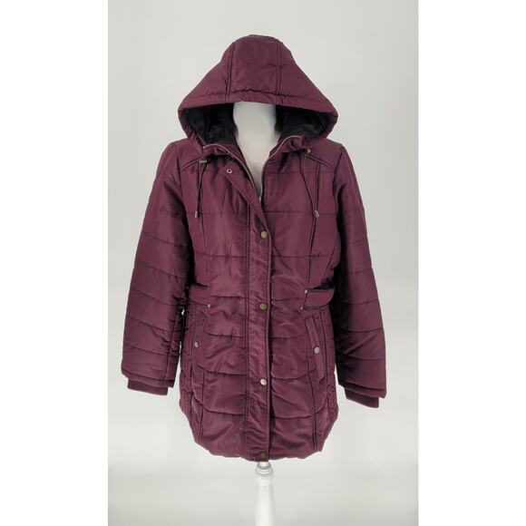 NWT Intl Details Womens Cozy Burgundy Full Zip Snap Hooded Puffer Jacket Size L - Picture 2 of 8